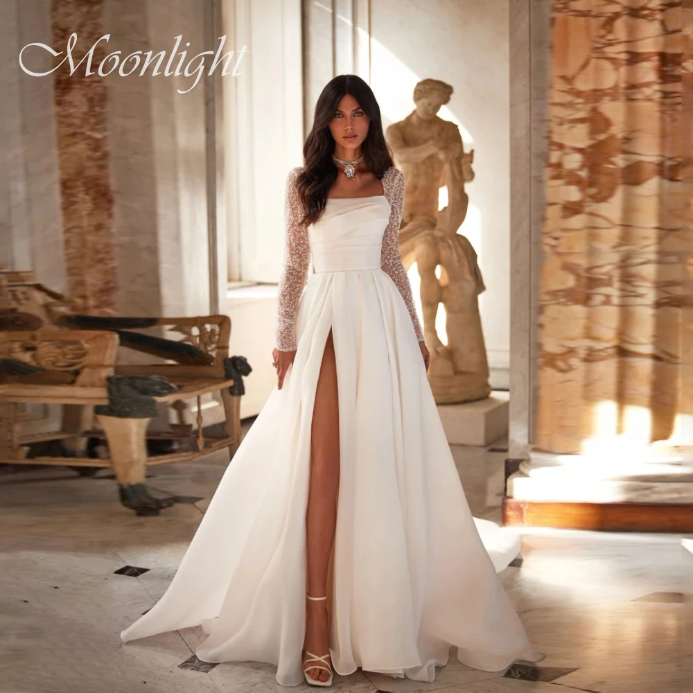 Elegant Pleat Square Lace Collar  A-Line Wedding Dress Women 2026 Long Sleeve Open Back Sweep Train Vestidos De Novia Customized