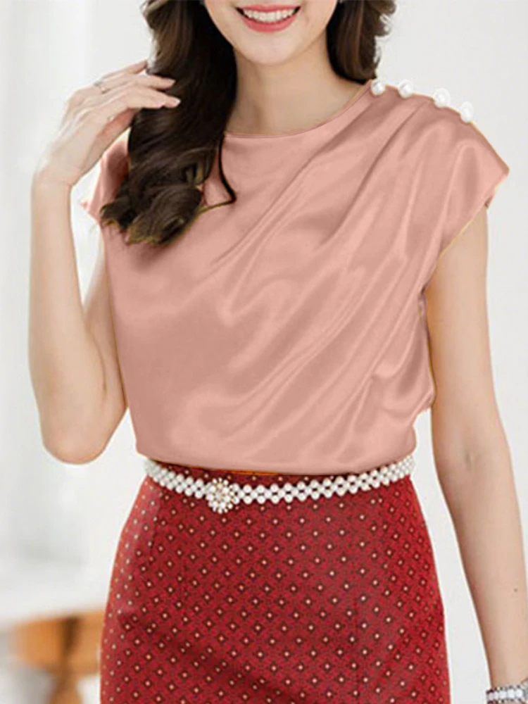 ZANZEA Summer Fashion Women Satin Blouses Elegant Round Neck Cap Sleeves Pearls Detail Blusas Mujer Streetwear Pleated Chemises