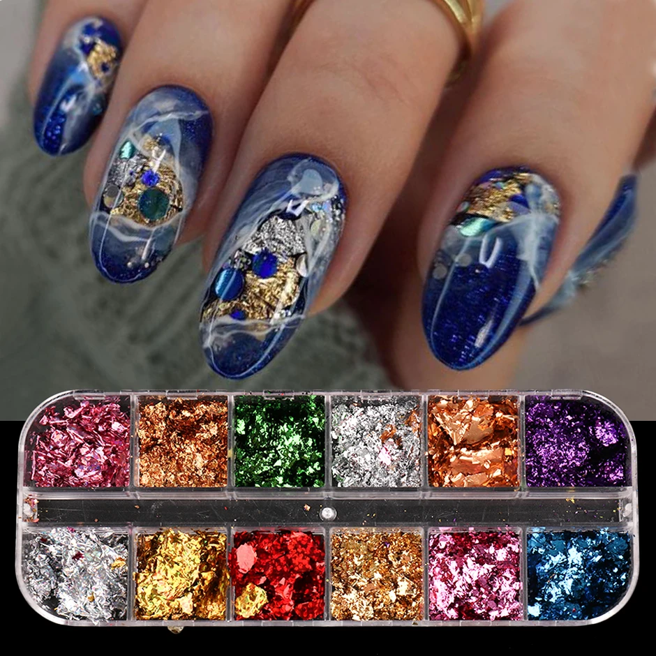 12 Grids Shinny Gold Foils Flake Nail Art Decoration 2022 Laser Charms Aluminum Sequins Winter Glitter Manicure Paillette SAS45