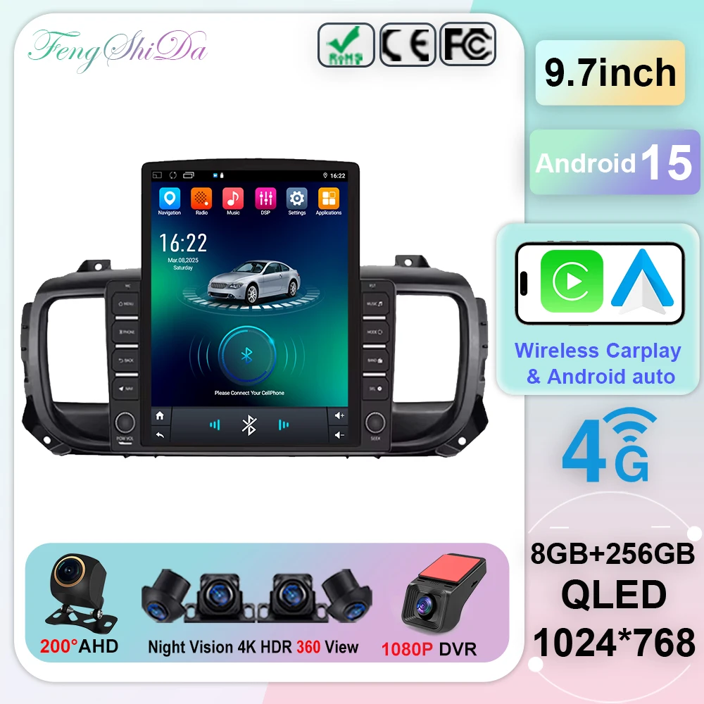 Rádio do carro de 9.7 polegadas android 15 para citroen jumpy 3 2016-2021 peugeot expert 3 2016-2021 reprodutor multimídia 2din estéreo carplay auto