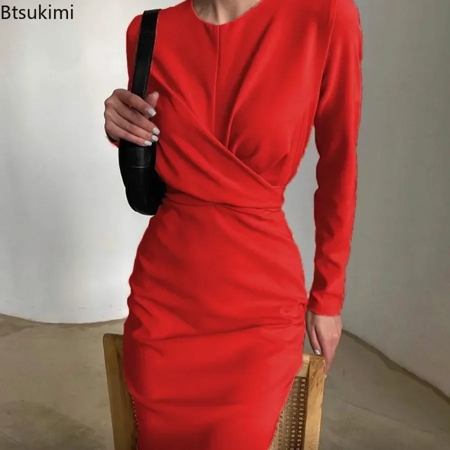 2024 Sandro Rivers Temperament Long sleeved Dresses For Women Spring Autumn French Retro Waist Slim Fit Slim Wrap Hip Long Dress