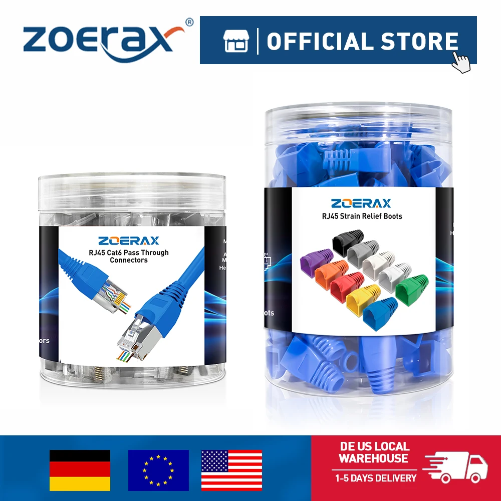 

ZoeRax 100PCS RJ45 Cat6/5E Pass Through Connector 1.2mm Hole Modular Plug for Solid or Stranded Cable with Strain Relief Boots