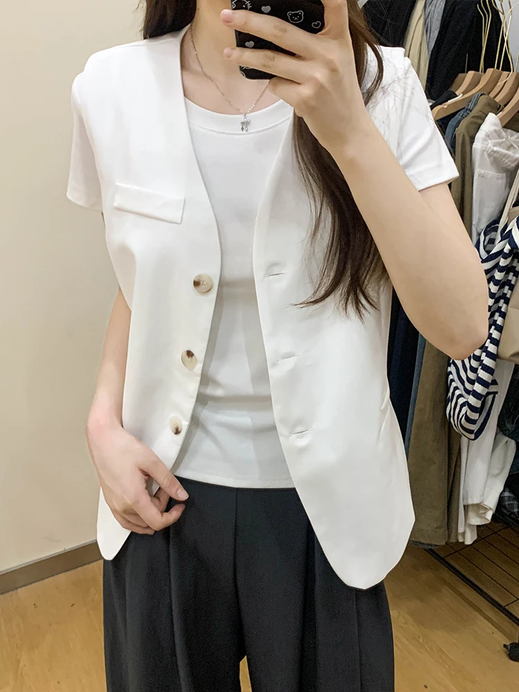 

Retro V-Neck Cotton Linen Suit Vest Women Summer Design Loose Layering Linen Shoulder Pad Jacket Top Button Style Pure Color