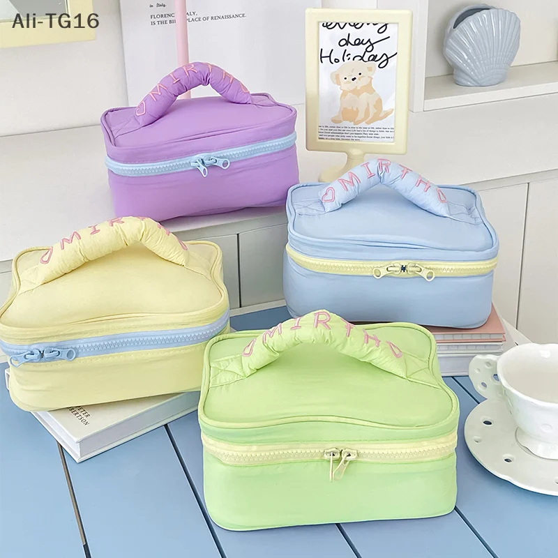 Ins Style بسيط لون الحلوى حقيبة مستحضرات التجميل سعة كبيرة حقيبة يد المحمولة السفر حقيبة أدوات الزينة تخزين أكياس أكياس ماكياج لطيف