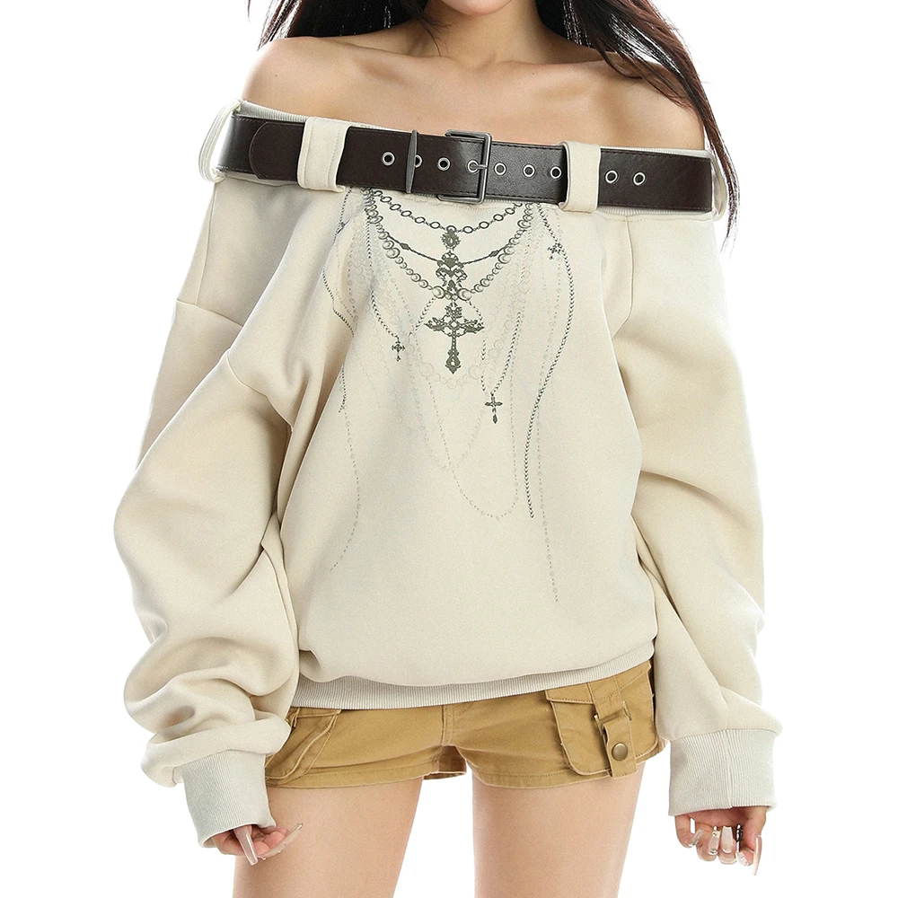 

Spice Girl Belt Shoulder Necklace Printed Sweater Women's Autumn Design Sense Skinny Shoulder Top Trend