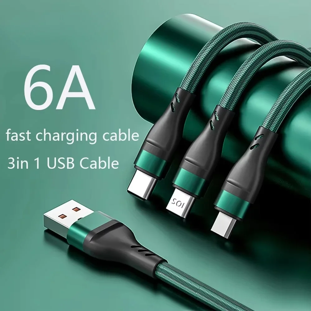 

6A Super Fast Charge 3n1 USB Charging Cable Braided Data Cable One Drag Three TYPE-C for IPhone Samsung Xiaomi Android Universal