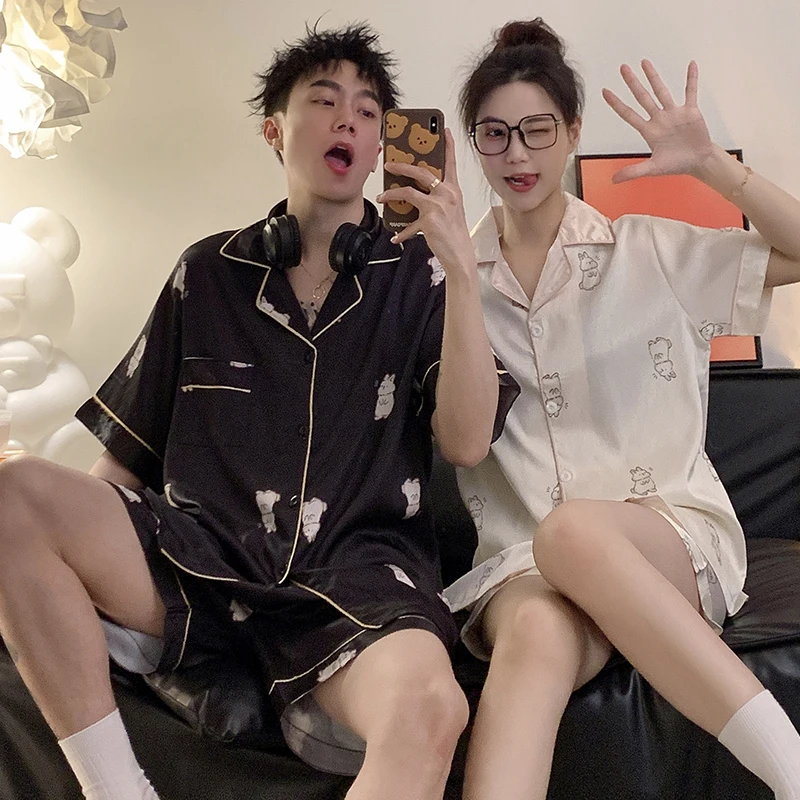 

Couples Summer Ice Silk Cartoon Home Clothes Two-Piece Set plus Size Thin Summer Sle Women's Spwear ort Sve orts