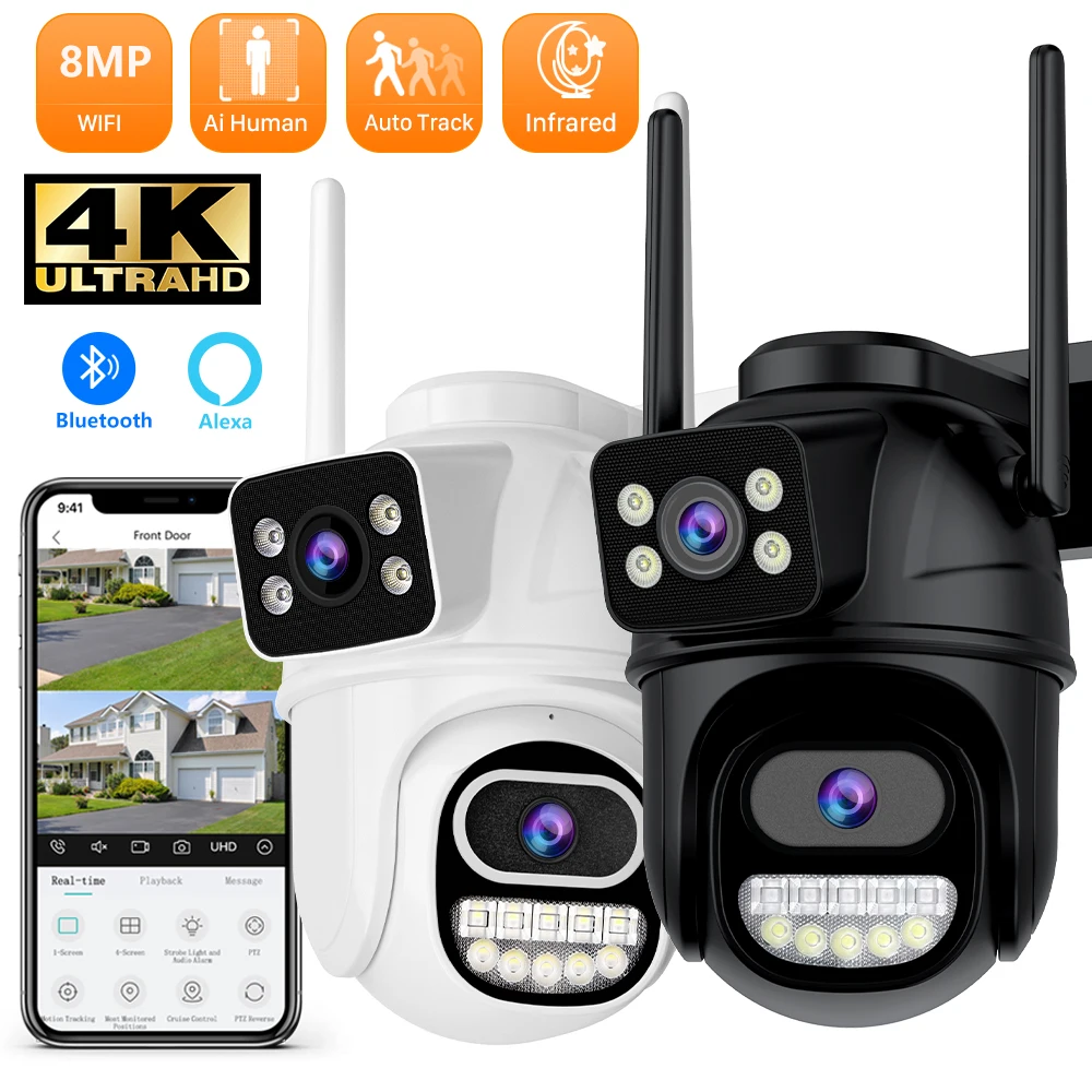 4K 8MP UHD IP PTZ Wifi Security Surveillance Camera 4x Zoom Auto Tracking Ai Human Detect Dual Lens Dual Screen Outdoor Camera