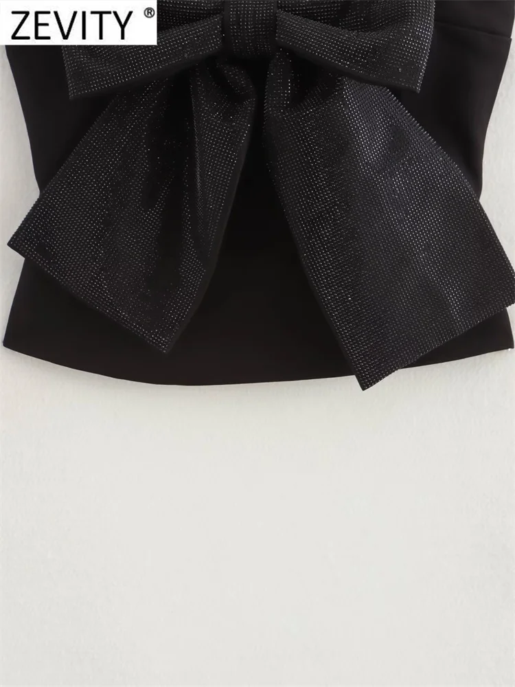 Zevity 2024 Women Sexy Sequined Big Bow Design black Sling Blouse Female Back Zipper Streetwear Shirts Blusas Chic Tops LS7224