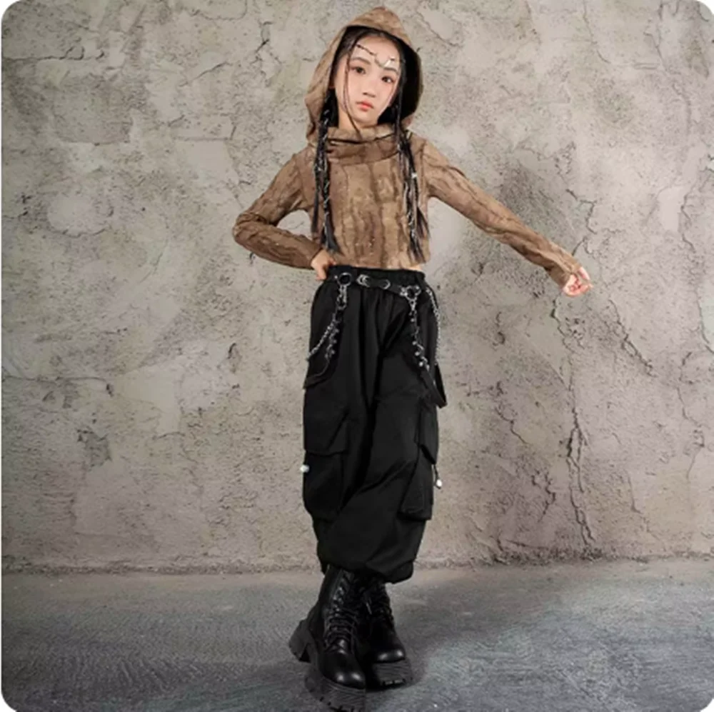 쿨 키즈 재즈 댄스 의상 소녀 스트리트 댄스 무대 의상 케이팝 힙합 쇼 의상 브라운 후디 블랙 카고 팬츠 yj633