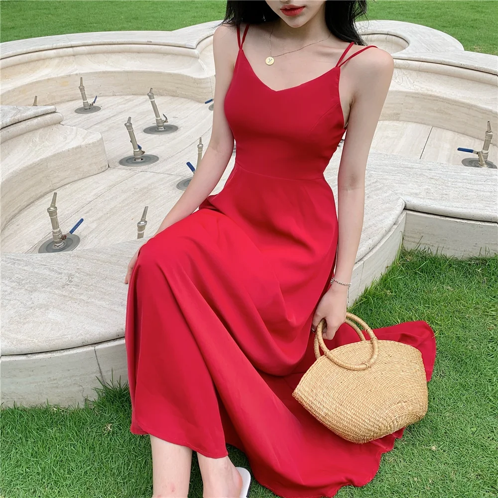 Sexy Bal Strap Dr. Roter Strandrock Damen Sommerurlaub Satin Lang Dr Super Fairy T Maxikleid mit hoher Taille V Ne