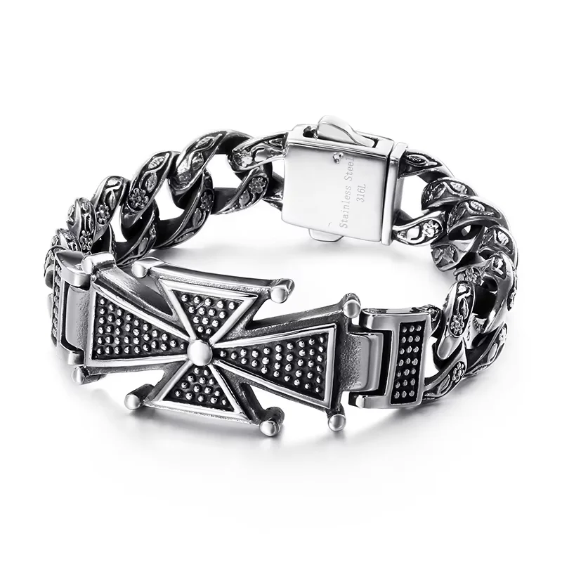 Fongten Gothic Skull Cross Curb Men's Bracelet Vintage Black Cuban Chain Stainless Steel Skeleton Male Bracelets Bangle Jewelry