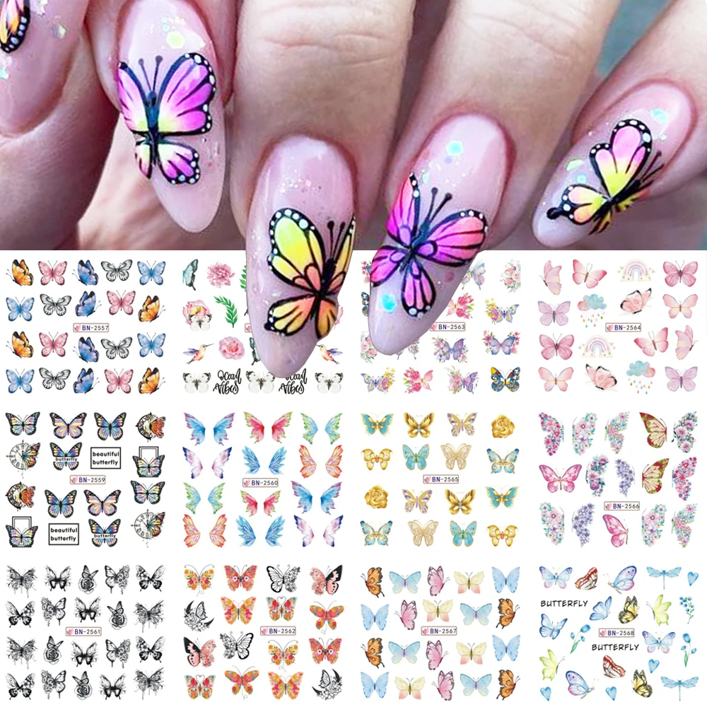 Schmetterling Wasser Nail Art Aufkleber Frühling bunte Schmetterling Blumen Blätter Transfer Schieber für Maniküre Dekorationen NLBN2557-2568