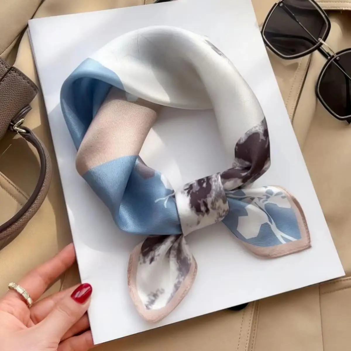 

Elegant Silk Scarf For Women Blue Ink Painting Print Fashion Neckerchief Hair Bandana Bag Accessory Ladies Luxury Scarf