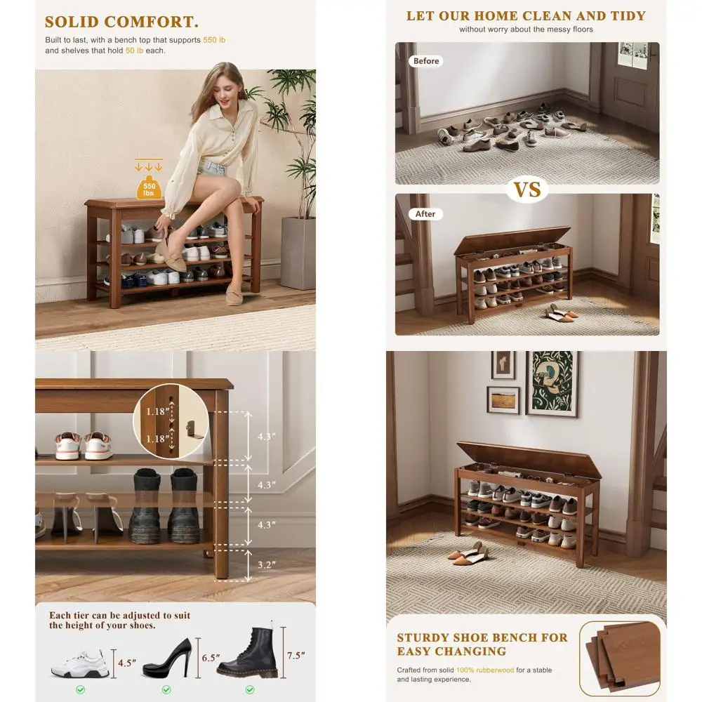 3-Tier Rubberwood Storage Bench Seat - 550lbs Capacity, Modern Design for Entryway, Hallway, Closet, and Front Door