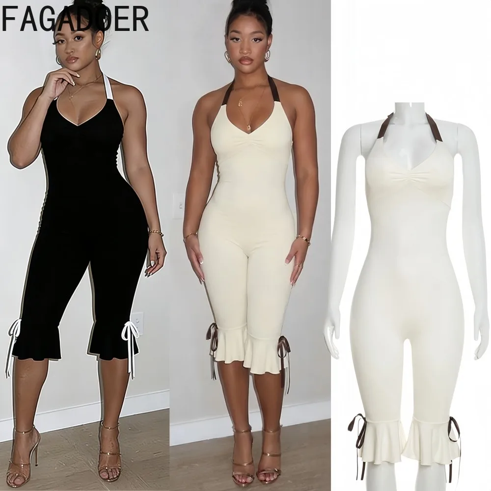

FAGADOER Summer New Sexy Solid Color Bodycon Jumpsuits Women Halter Deep V-neck Backless Rompers Female Streetwear Overalls 2026