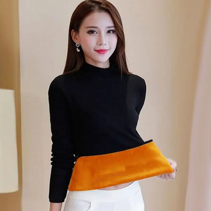 Winter All-in-one Plush Bottom Shirt for Women with Fashionable Inner Wear and Extra Plush Thick Half High Collar Warm Top