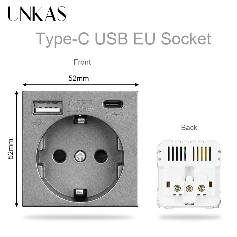 Unkas Diy Grijs Plastic Eu Fr Univers Wall Type-C Socket Dimmer Tv Internet Materialen Invoegen Functietoets Voor Usb-Laadpoort