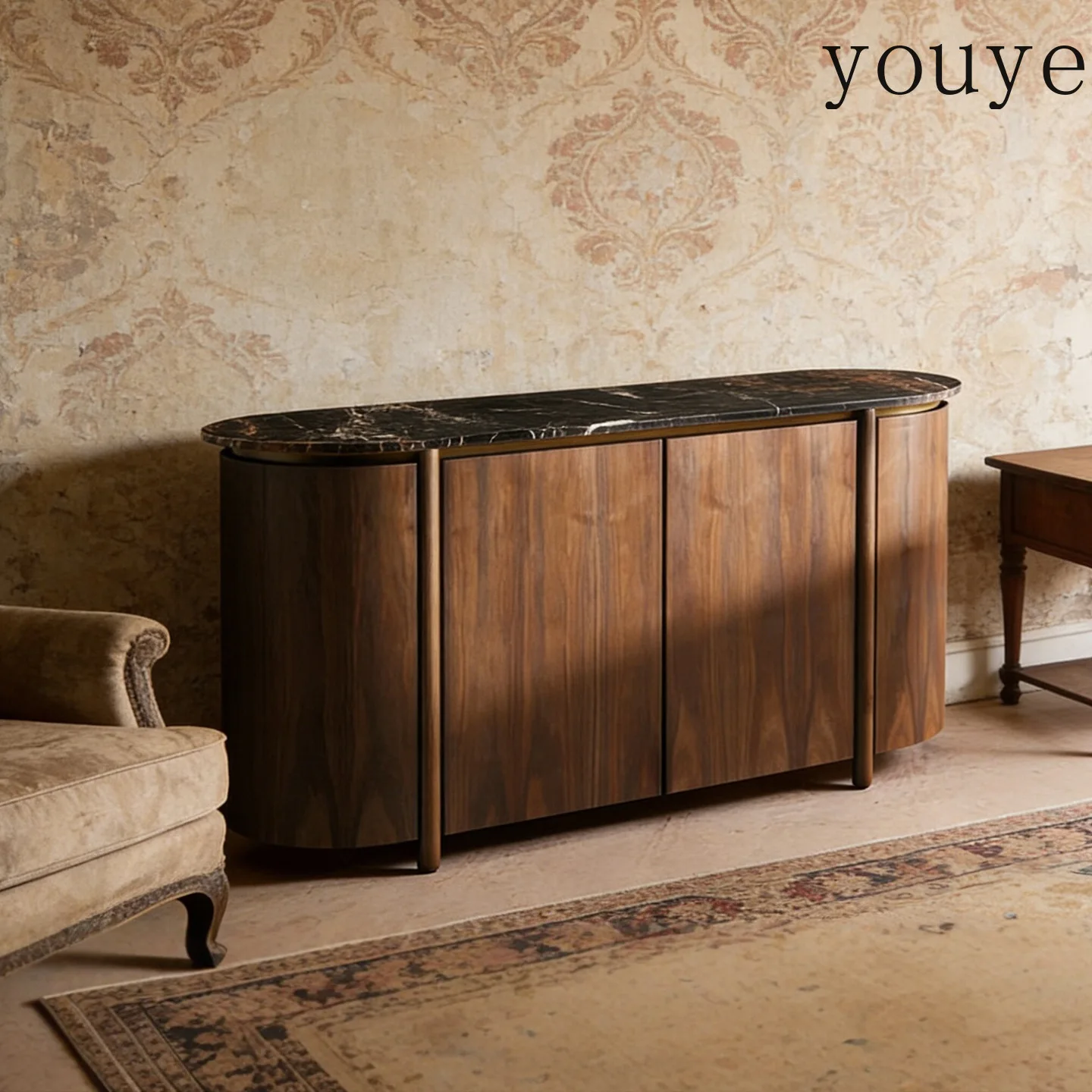 T light luxury French retro solid wood porch cabinet simple curved marble surface dining side cabinet American  storage