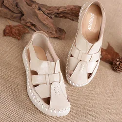 Summer Retro Gladiator Sandals For Women Genuine Leather Slip On Flat Shoes Cosy Ladies Loafer Sandals Elderly Sandals Mom Shoes