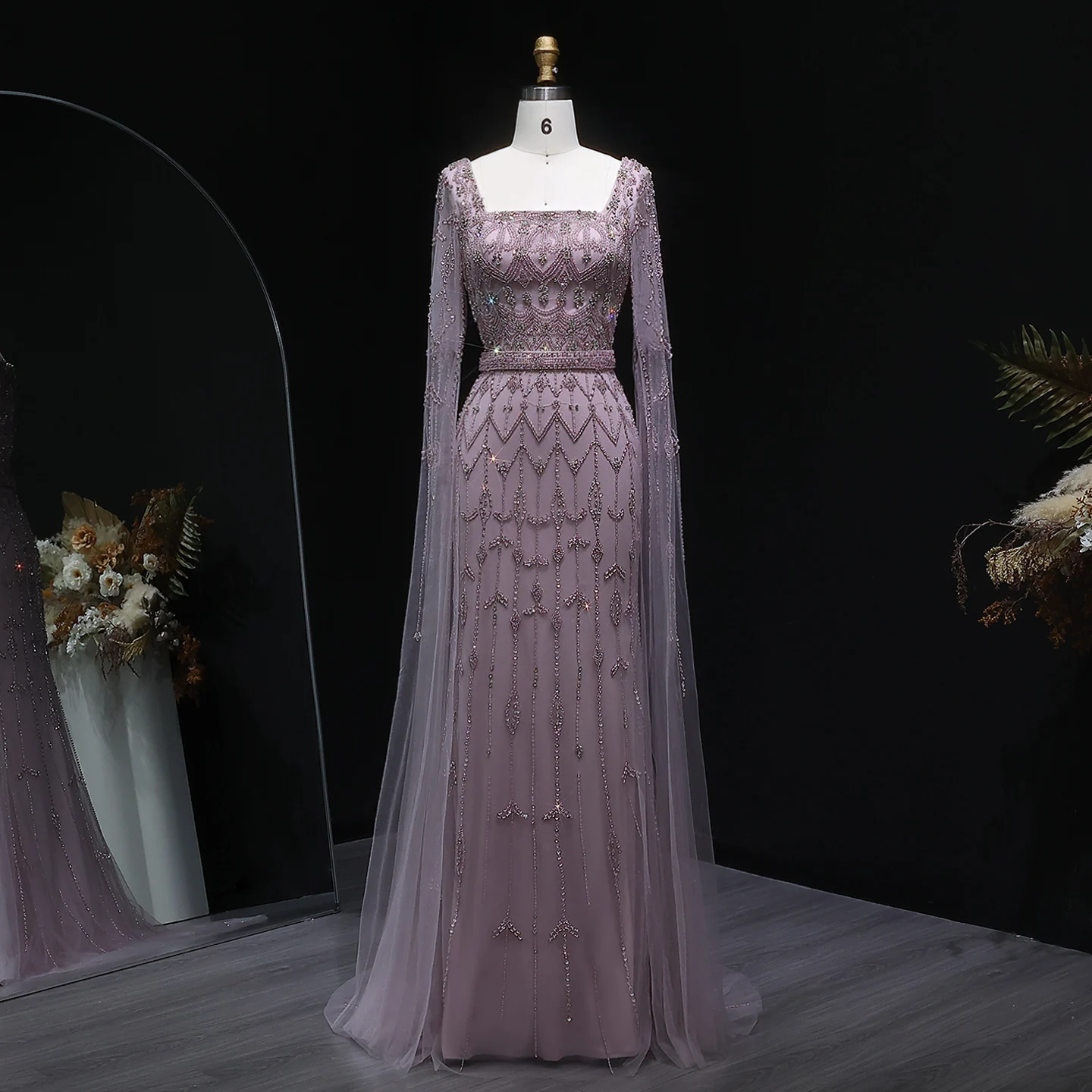 Sharon Said Luxuriöses Kristallrosa Quadratisches Abendkleid mit Cape-Ärmeln, Türkis, Arabische Damen Hochzeitsfeierkleider SS089, Anpassbar – Detail 14