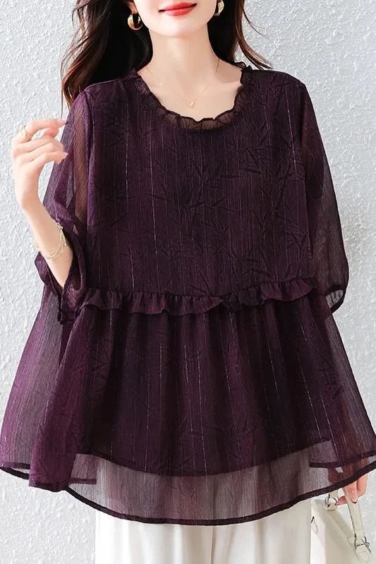 2025 Summer Women Shirt High-end Bright Silk Casual Loose Tops Ruffles Collar 3/4 Sleeve Chiffon Shirt