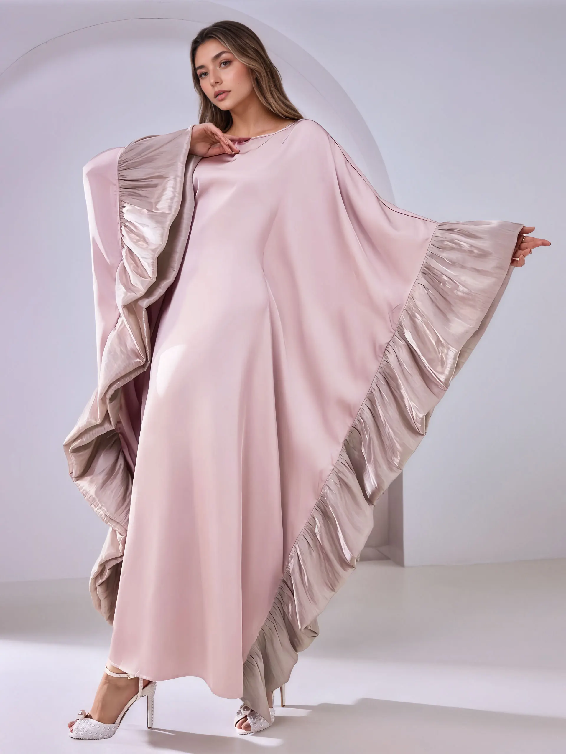 Dubai Muslim Womens Light Pink Abaya with Ruffled Sleeve Robe Ideal for Islamic Modest Fashion Prayers Weddings Religious Events