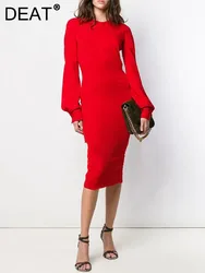 DEAT Fashion Women Dress O-neck Split Sleeves Zip Slim Red Jednoczęściowe sukienki do połowy łydki Jesień 2024 Nowość 7AB4713