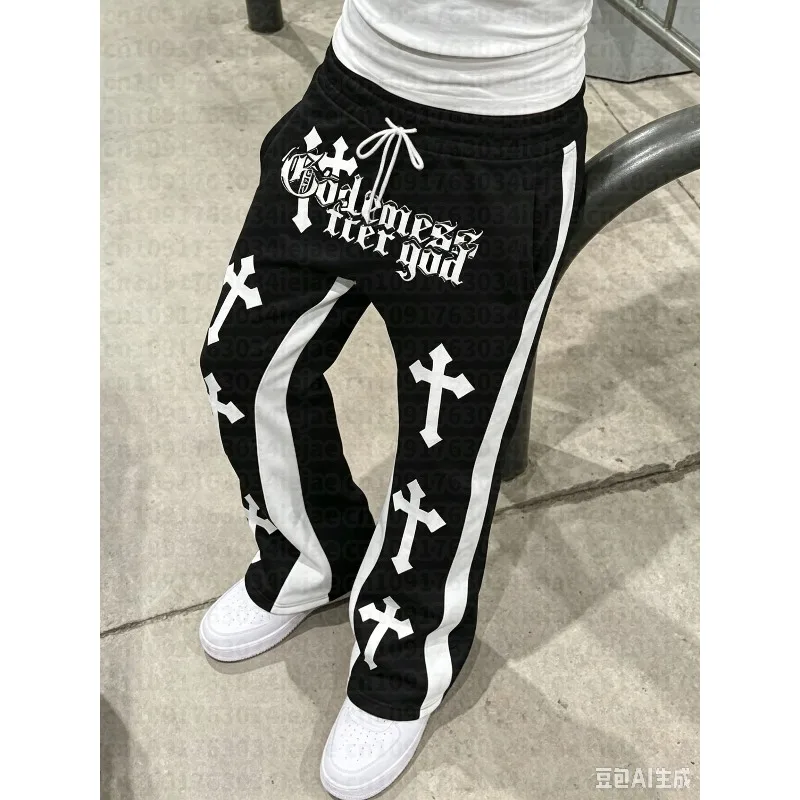 Men's Casual Street Style Trendy Cross Print Fashionable Slightly Flared Black and White Color-Block Design Sweatpants Kid Pants