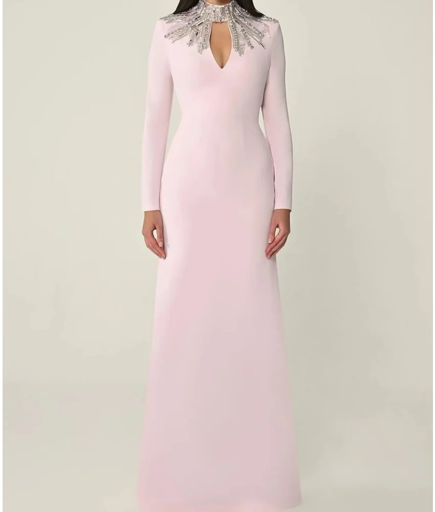 

Customized Luxury Jersey Mermaid Sequined Crystal Evening Dress High Quality Long Sleeves High Collar Floor Length prom dresses