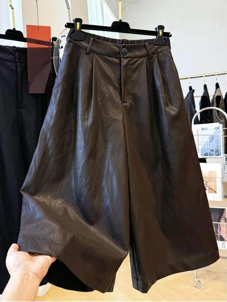 Fashionable Retro PU Leather Pants Women's Loose Wide Leg Casual Seven-Footed Boots Pants Spring Autumn Seasonal plus Size
