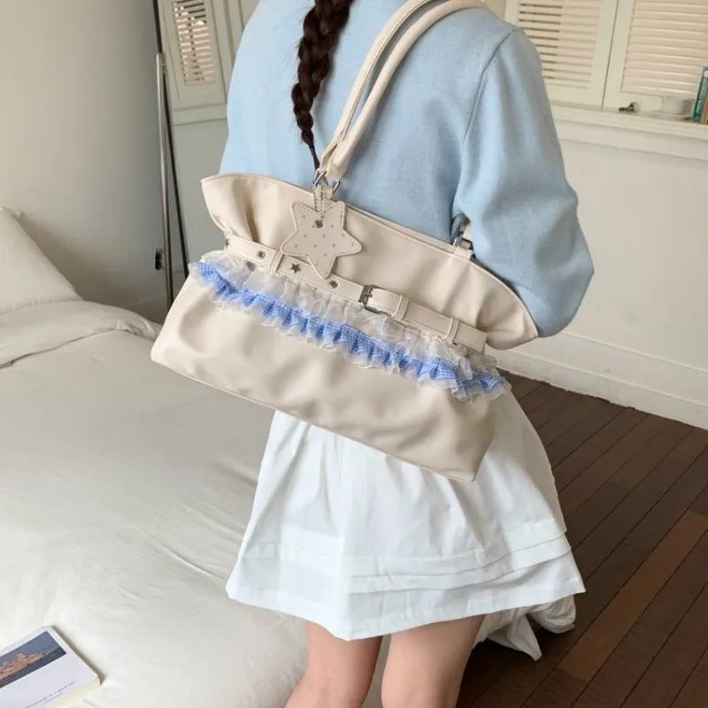 Women's Pastel Color Shoulder Tote Bag with Plaid Lace Ruffle & Star Charm, Casual Style for Daily Errands & Weekend Outings