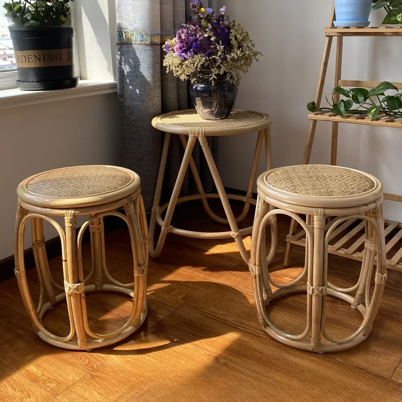 Natural Rattan Drum Stool Vintage Round Ottoman for Tea House Handwoven Guzheng Bench Bohemian Makeup Chair for Living Room