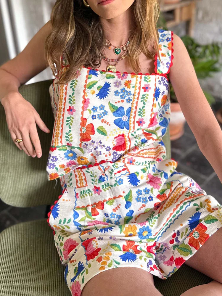 

Women Summer Sweet Printing Short Suits, Square Collar Fashion Patchwork Matching Sets, New Sleeveless Simple Chic Ladies Outfit