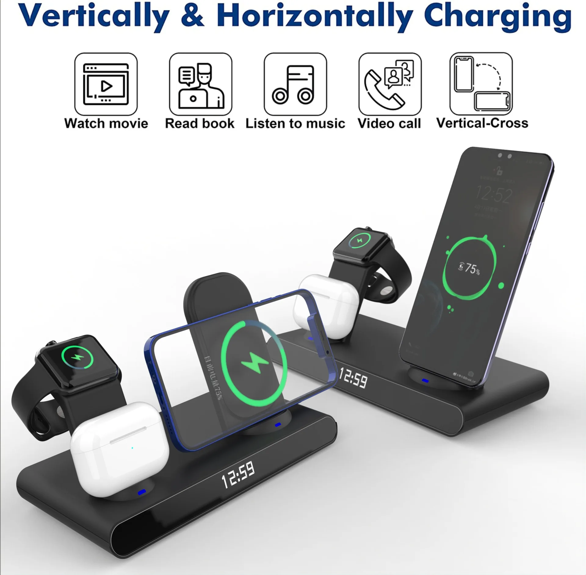 Hot Selling 3 in 1 Wireless Charger 15w Wireless Fast Charging With Clock Charger Stand Wireless Mobile Phone Charger