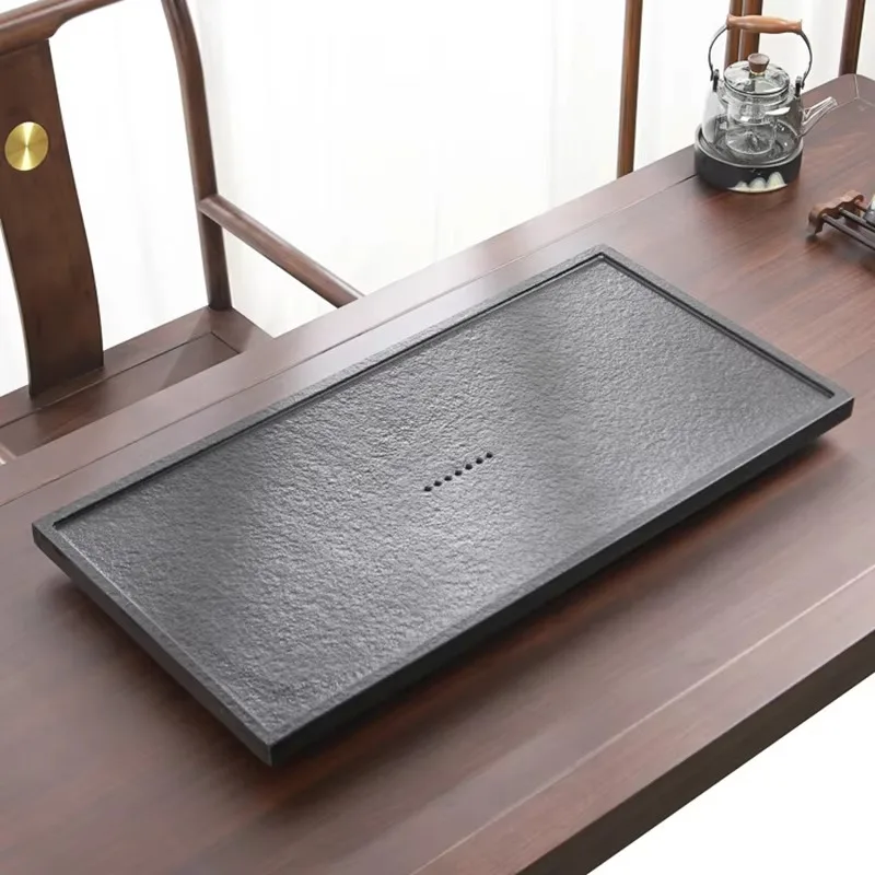 ^Black Luxury Tea Tray Stone Decorative Office Pot Chinese Kitchen Long Rectangle Tea Tray Living Room Bandejas Home Decorationg view 5