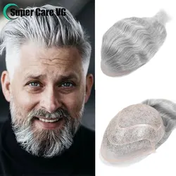 #1B80 Silver Grey Men Toupee Human Hair Natural Hairline Replacement System Mono Base With PU Lace Front Male Wig Wave Hair