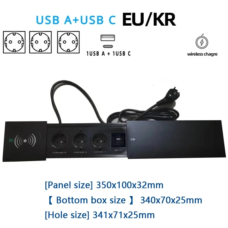 Enchufe oculto de mesa integrado, 2 3 salidas con 2 USB RJ45 CAT6, carga inalámbrica EU KR, enchufe múltiple 10A 110 ~ 250V 2600W, enchufe negro