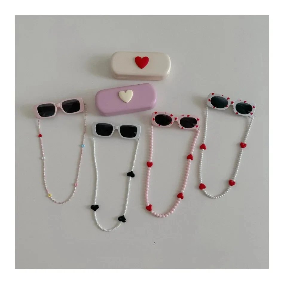 Gafas de Sol para Niñas con Estuche, Kit de Amor, Estilo Coreano, Gafas de Sol Infantiles con Cadena de Cuentas, Collar de Perlas Portátil, BT14