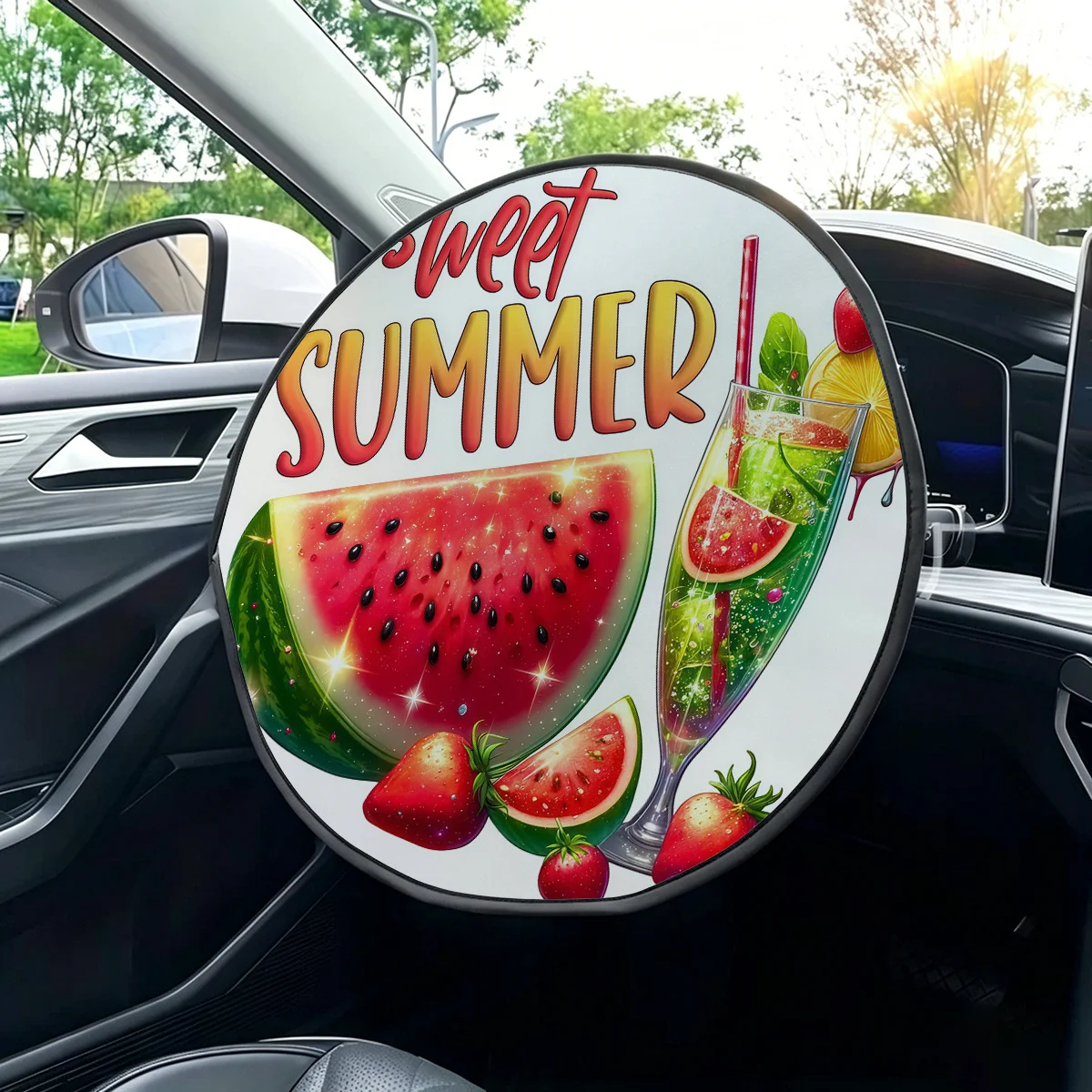 1pc Watermelon Strawberry Sweet Summer Car Steering Wheel Sunshade Cover, Summer Sun And Heat Protection, Universal Fit For All