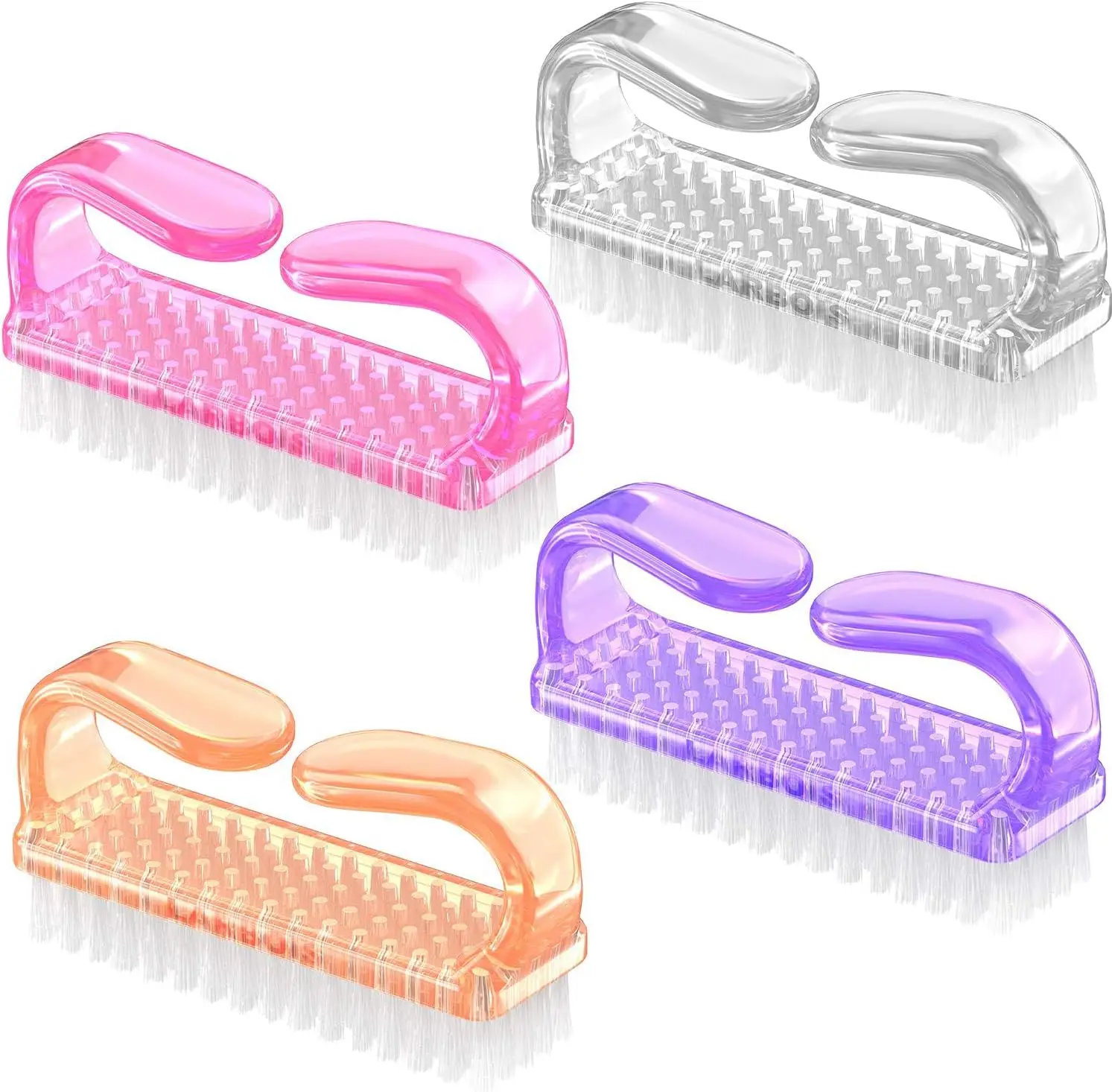 

4-Pack Hand Nail Brush Set - Ergonomic Grip, Orange Pink Purple Clear, for Clean Hands & Feet