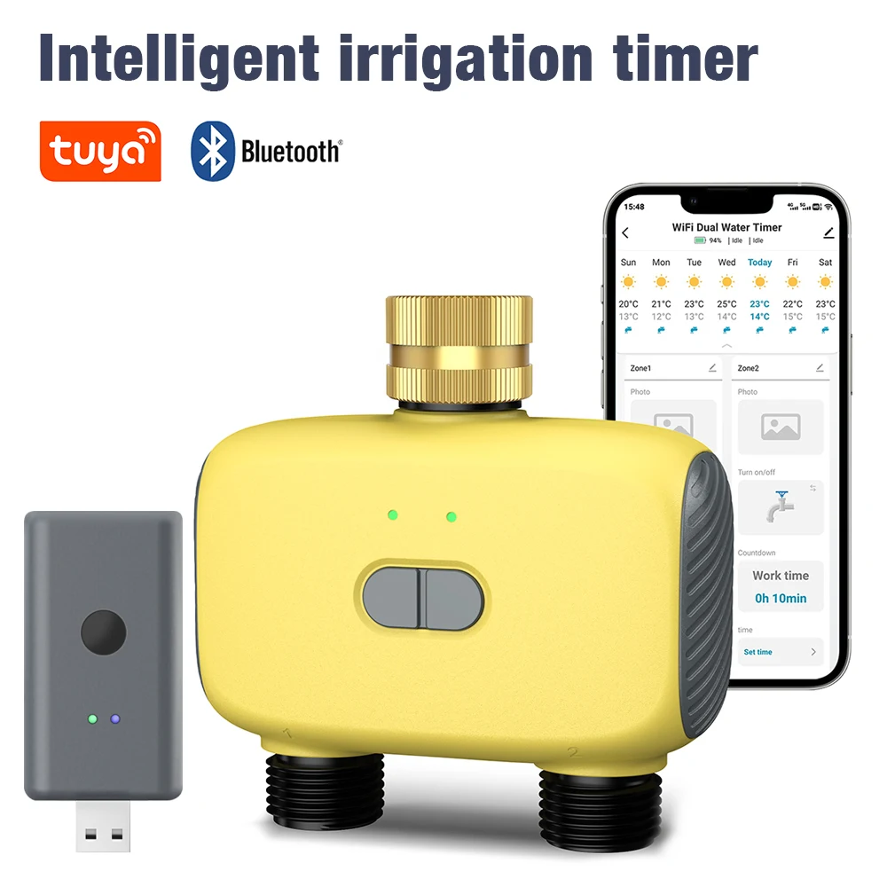 

2 Outlets Bluetooth Garden Water Timer IP55 Waterproof Multi-Functional Automatic Irrigation Timer Rain Delay Manual Auto Mode