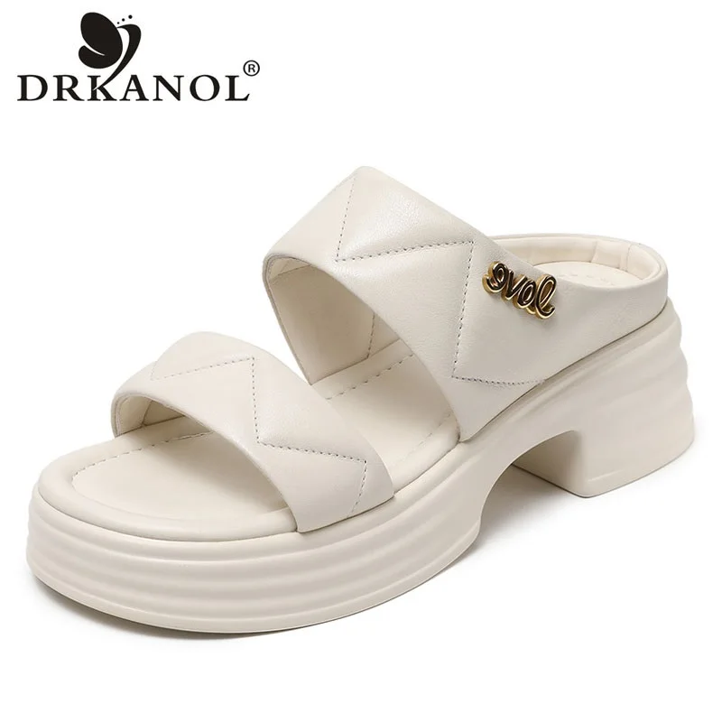 

DRKANOL 2024 Fashion Thick High Heel Slippers Women Platform Open Toe Shoes Summer Genuine Leather Slip On Outside Casual Slides