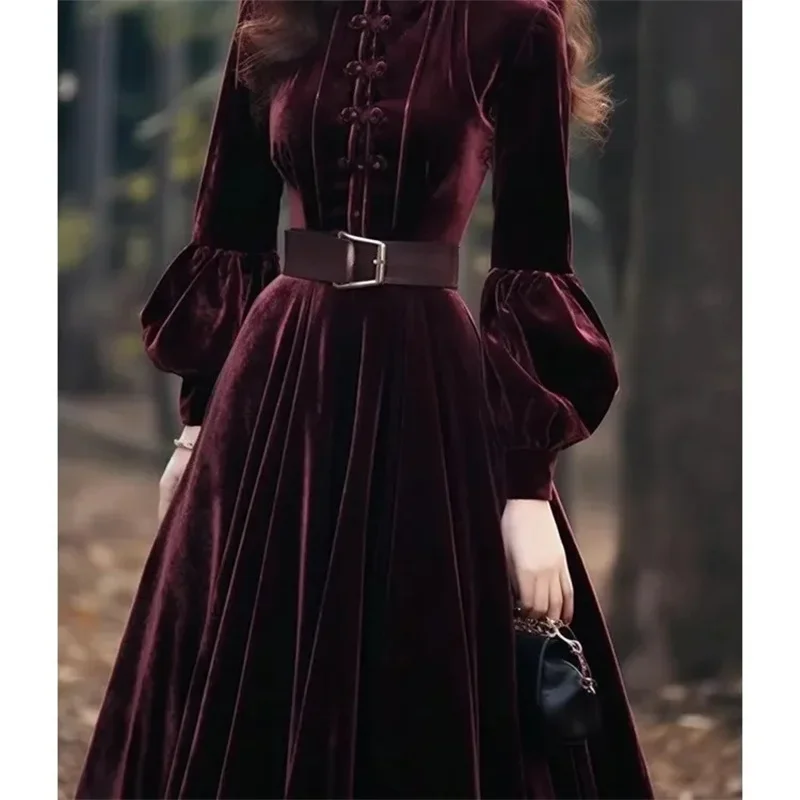 Autumn Women\'s Velvet Dress New Fashion Evening Party Long Dress Style Super Beautiful Purple Red Velvet Dresses Vestidos A256