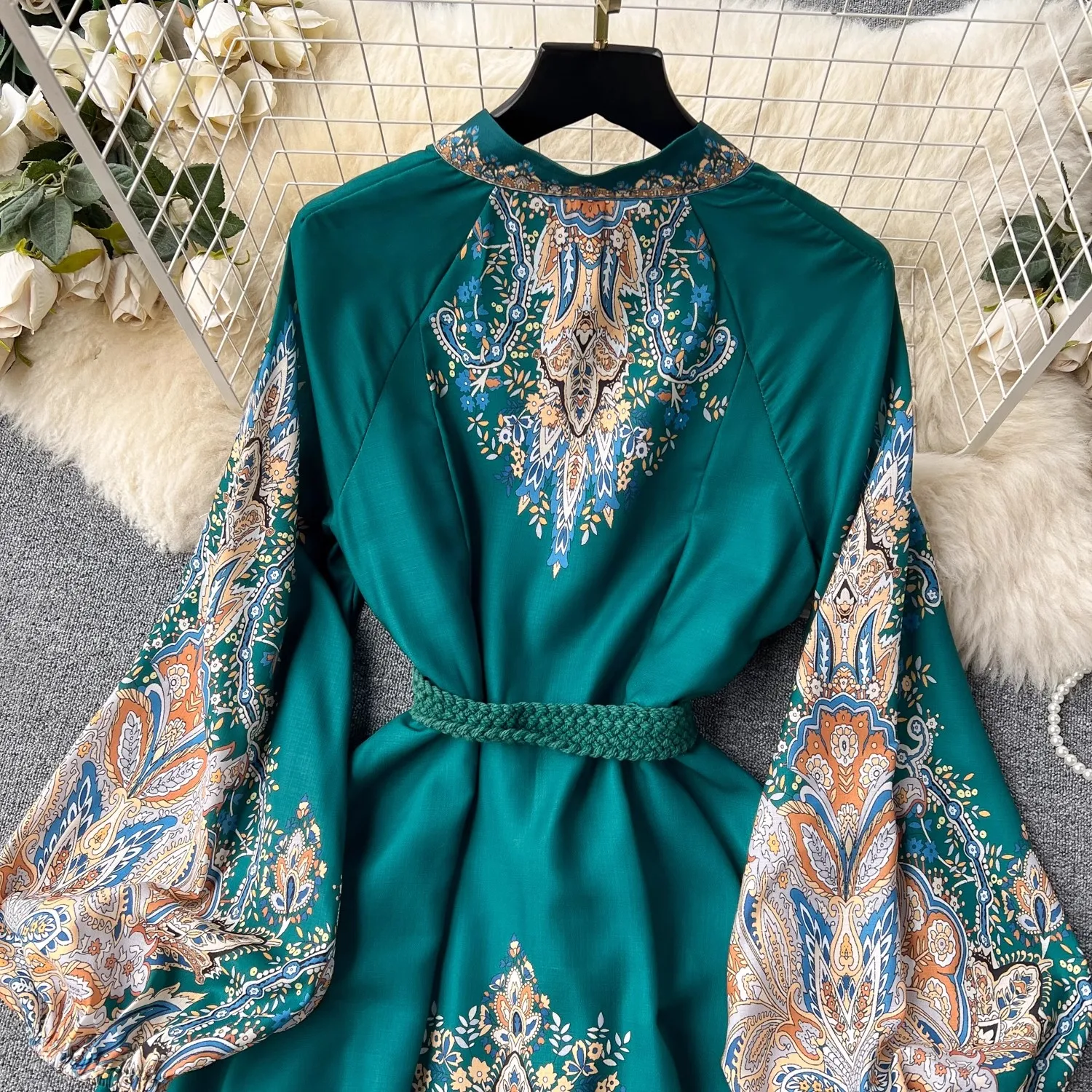 Beach Style Print Maxi Dress Women Spring Summer O Neck Long Sleeve Dress With Belt Elegant Party Vestidos