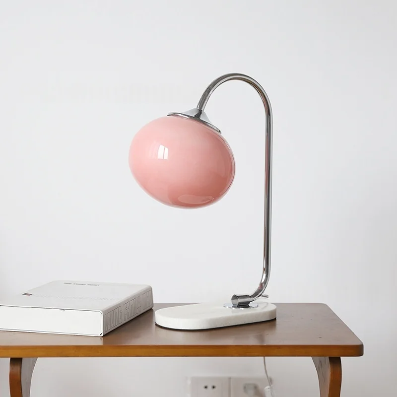 Modern Pink Table Lamp Oval Glass Lampshade White Gold Metal Lamp Pole Eye Protection Reading Light for Bedroom Living Room Stud