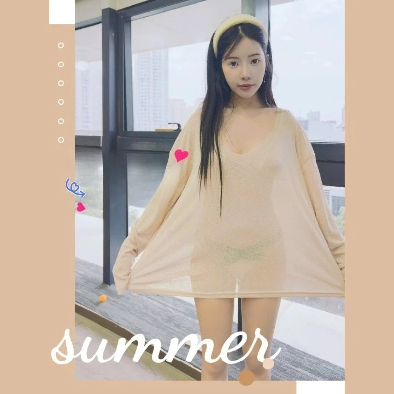 Women's Sexy See Through Loose Blouse Summer Beige Tank Tops Longsleeve Sheer Lightweight Knit Shirt Fashion Casual Dailywear