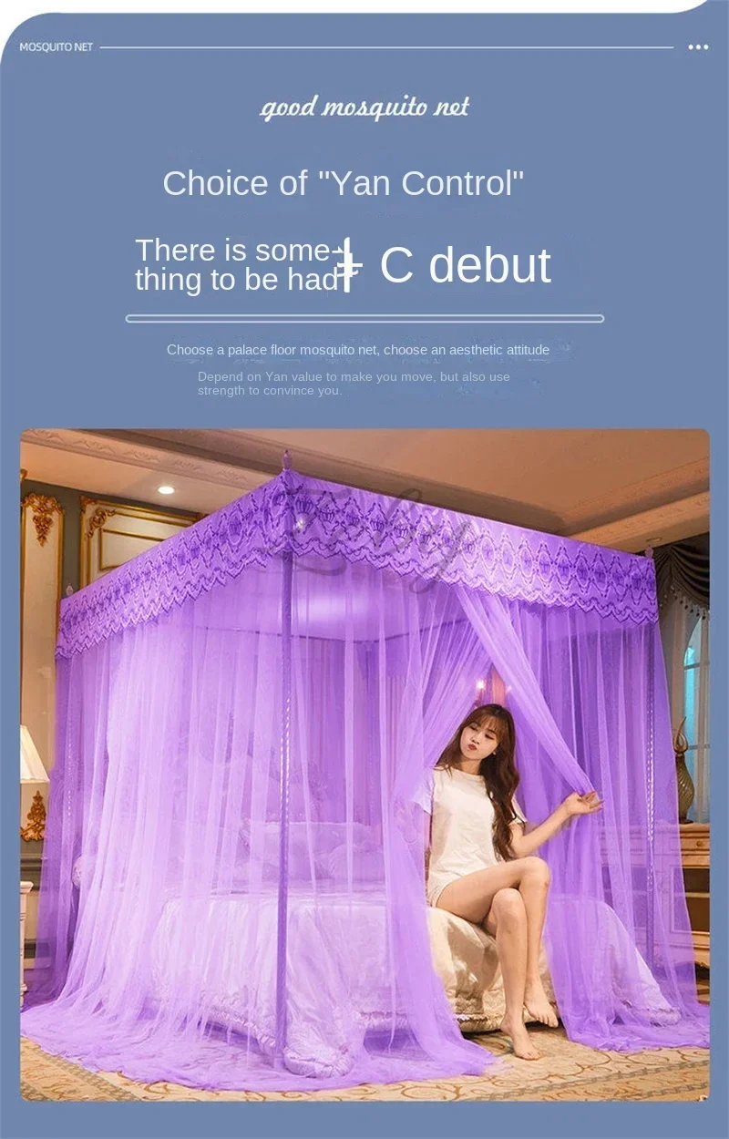 Romantic Lace Pleated Mosquito Net Embroidery Breathable Square Queen Double Bed Net Canopy Not Included Stainless Steel Bracket