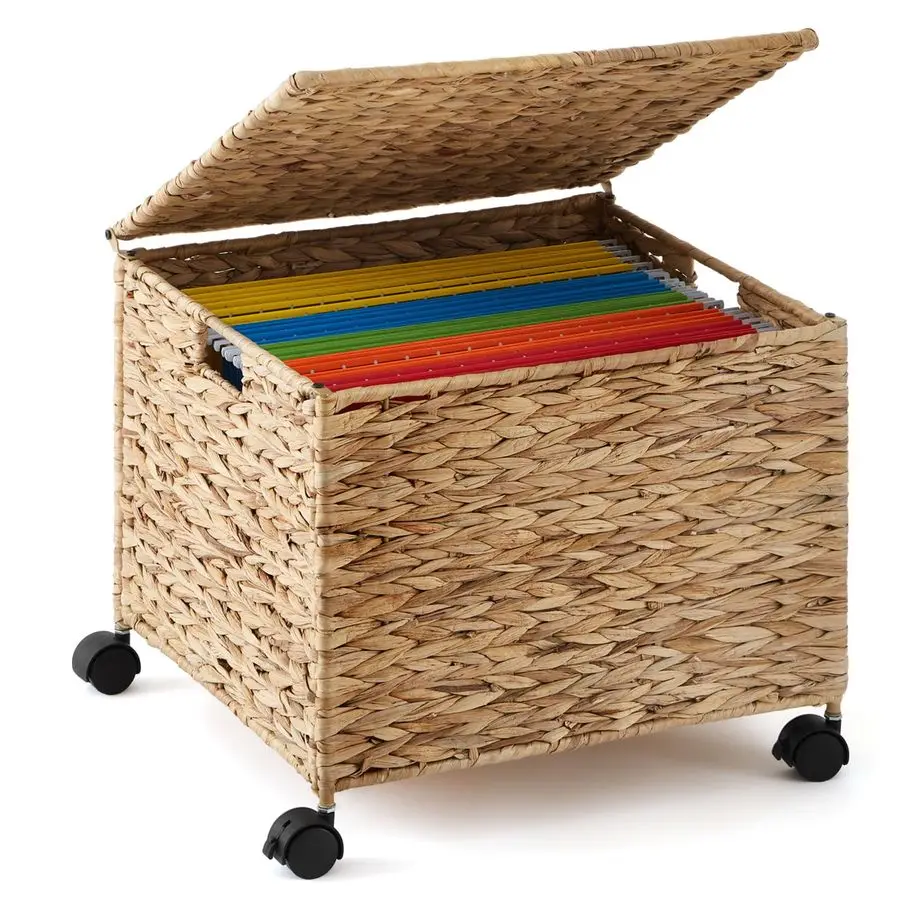 

File Box Organizers, Water Hyacinth Letter Legal Size File Organizer with Lid and Locking Wheels, Collapsible Hand Woven Hanging