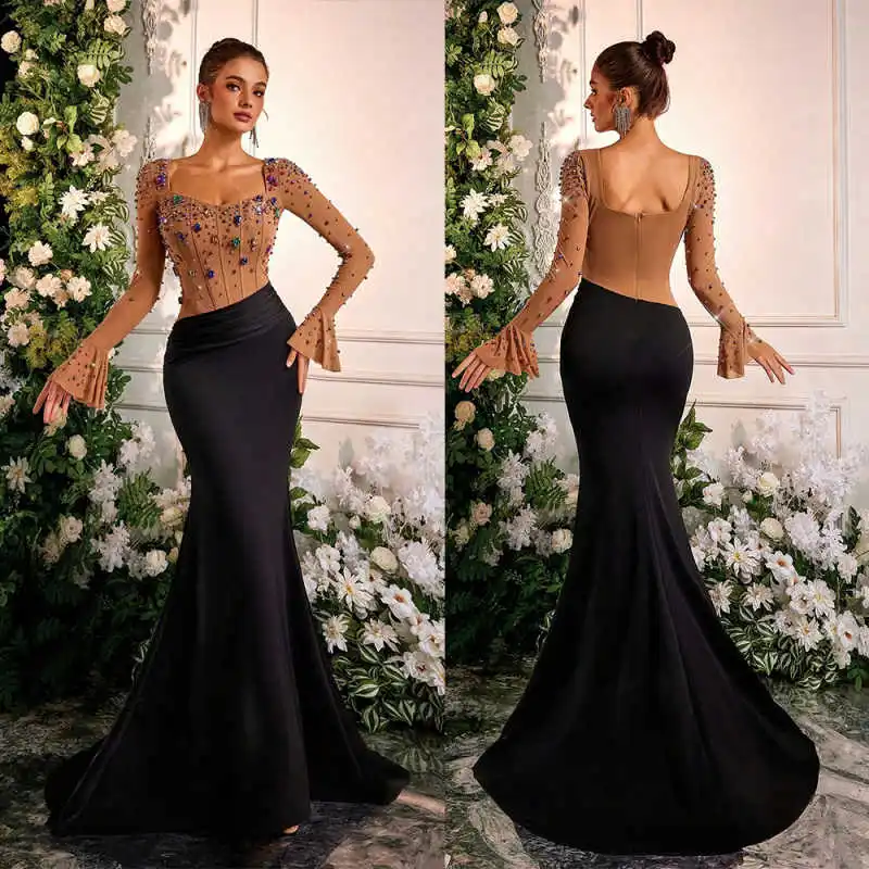

Luxury Mermaid Evening Dresses Long Sleeves Square Neck Jewelry Rhinestone Prom Party Dresses Robes De Soirée Celebrity Dresses